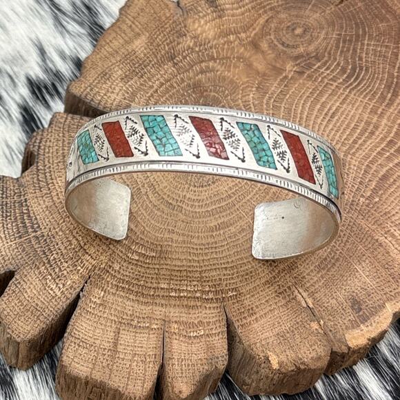 WILLIAM SINGER Navajo Sterling Turquoise Coral Chip Inlay Cuff Bracelet Diagonal - Picture 1 of 5
